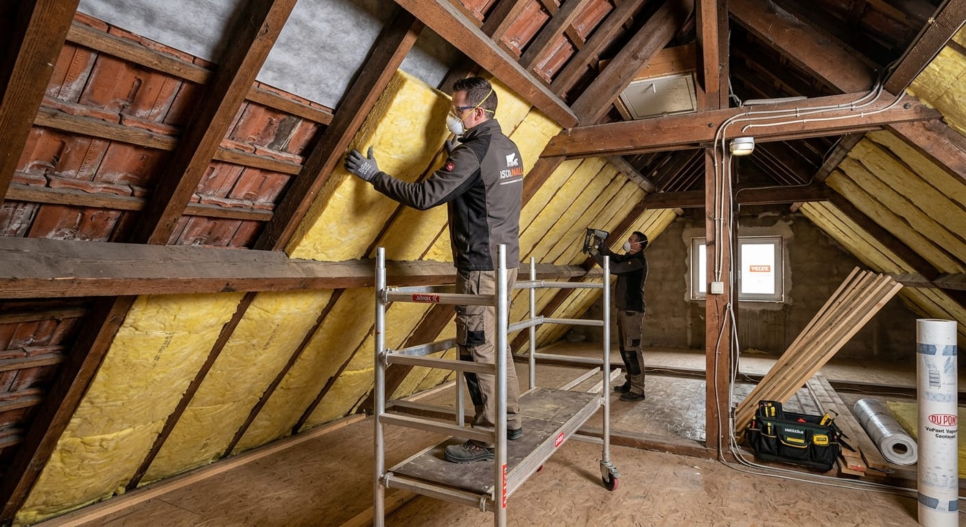 Pose professionnelle de laine de verre sous rampants dans les combles d'une maison en Wallonie avec alignement précis des panneaux isolants