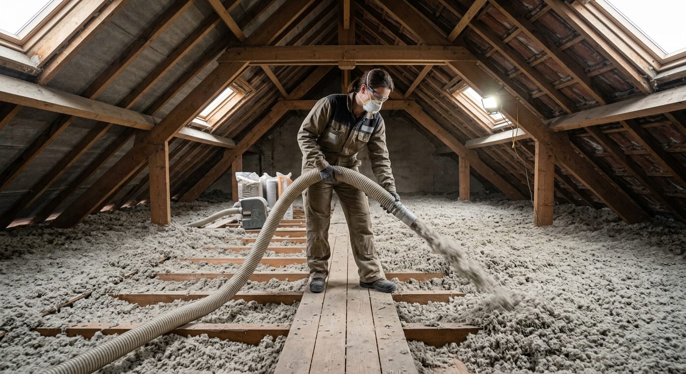 Isolation de combles perdus par soufflage régulier d'isolant minéral certifié sur le plancher supérieur